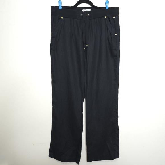 Guess Pants - GUESS 100% Linen Black Drawstring Pants XL Wide Leg Lightweight Resortwear